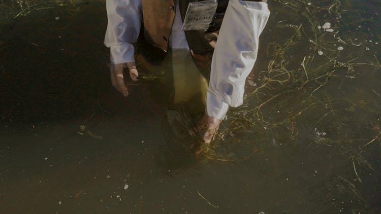 Man In White Shirt And A Name Tag Walking In Water 