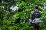 阳光明媚，一名背着背包的男子徒步穿越充满活力的绿色森林，这代表着冒险与户外探索