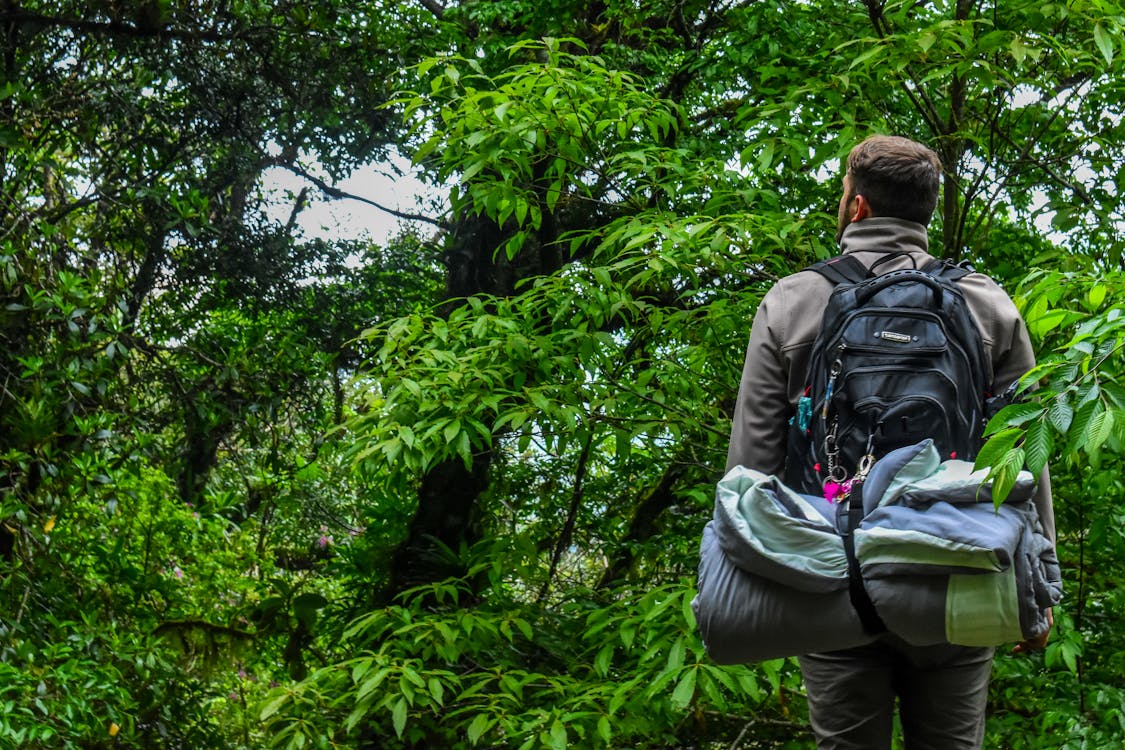 Man Carrying Camping Backpack Standing In-front of Tree