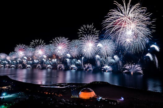 Breathtaking fireworks display over Ras Al-Khaimah coastline, UAE, reflecting in the water during a vibrant festival night.
