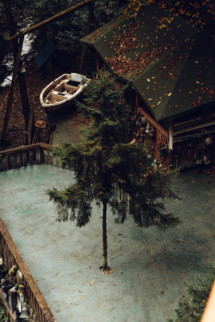 High Angle View Of A House And Boat With Autumn Leaves 