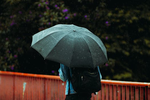 A person with a backpack holds a black umbrella while it rains, standing near a red railing.