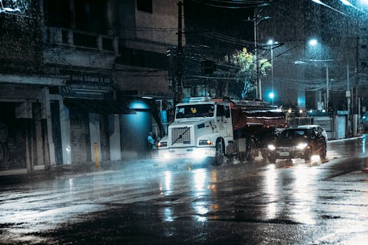 A truck and car navigate a rain-soaked city street at night, highlighting urban transportation.