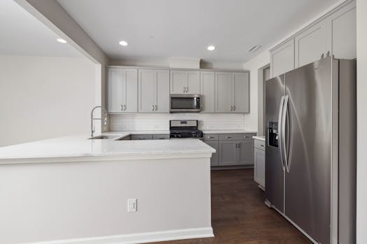 Bright and sleek kitchen featuring white cabinets and modern stainless steel appliances.