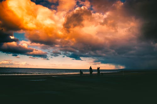 Silhouette Of People On Shore Under Cloudy Sky