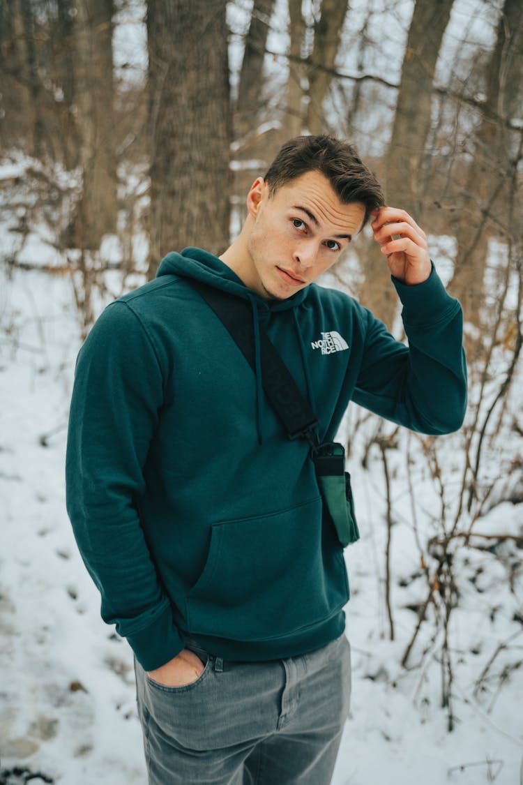 Man Standing In Winter Forest