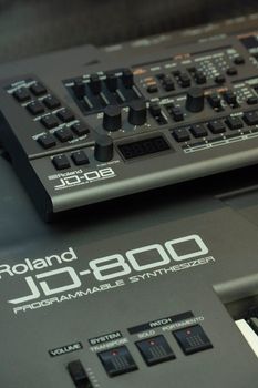Detailed shot of the Roland JD-800 synthesizer showcasing its buttons and knobs.