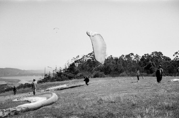 Grayscale Photo Of People Parachuting