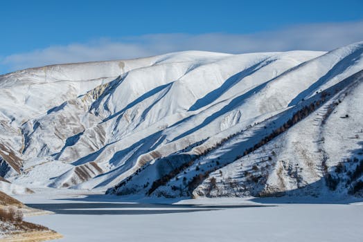 Breathtaking view of snow-covered mountains and frozen lake under a clear blue sky.