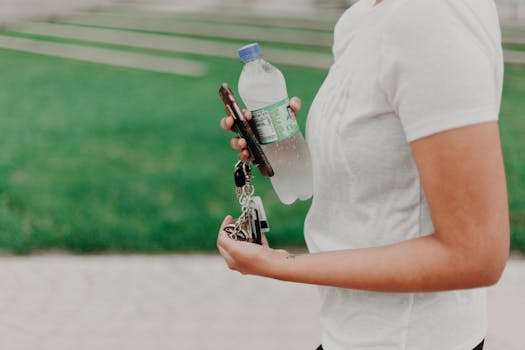 A person holding a water bottle, phone, and keys while walking outdoors.