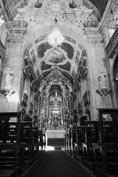 Grayscale Photo of Cathedral Interior