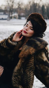 Woman in a fur coat savoring the winter outdoors, eyes closed and serene.