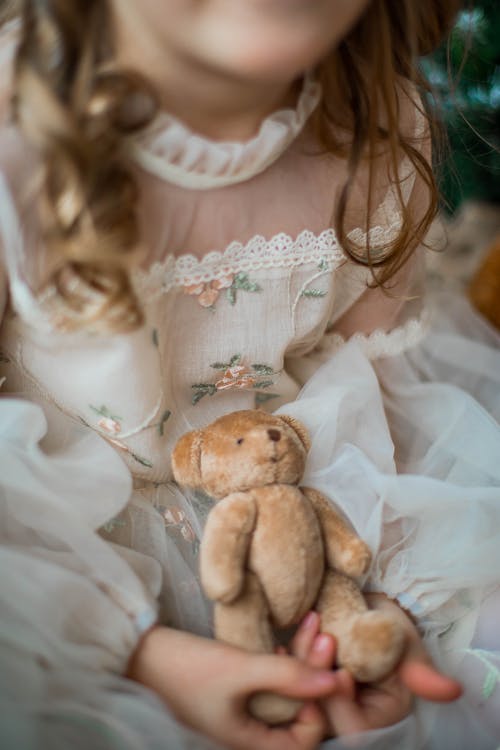 Girl in White Lace Dress Holding Brown Bear Plush Toy
