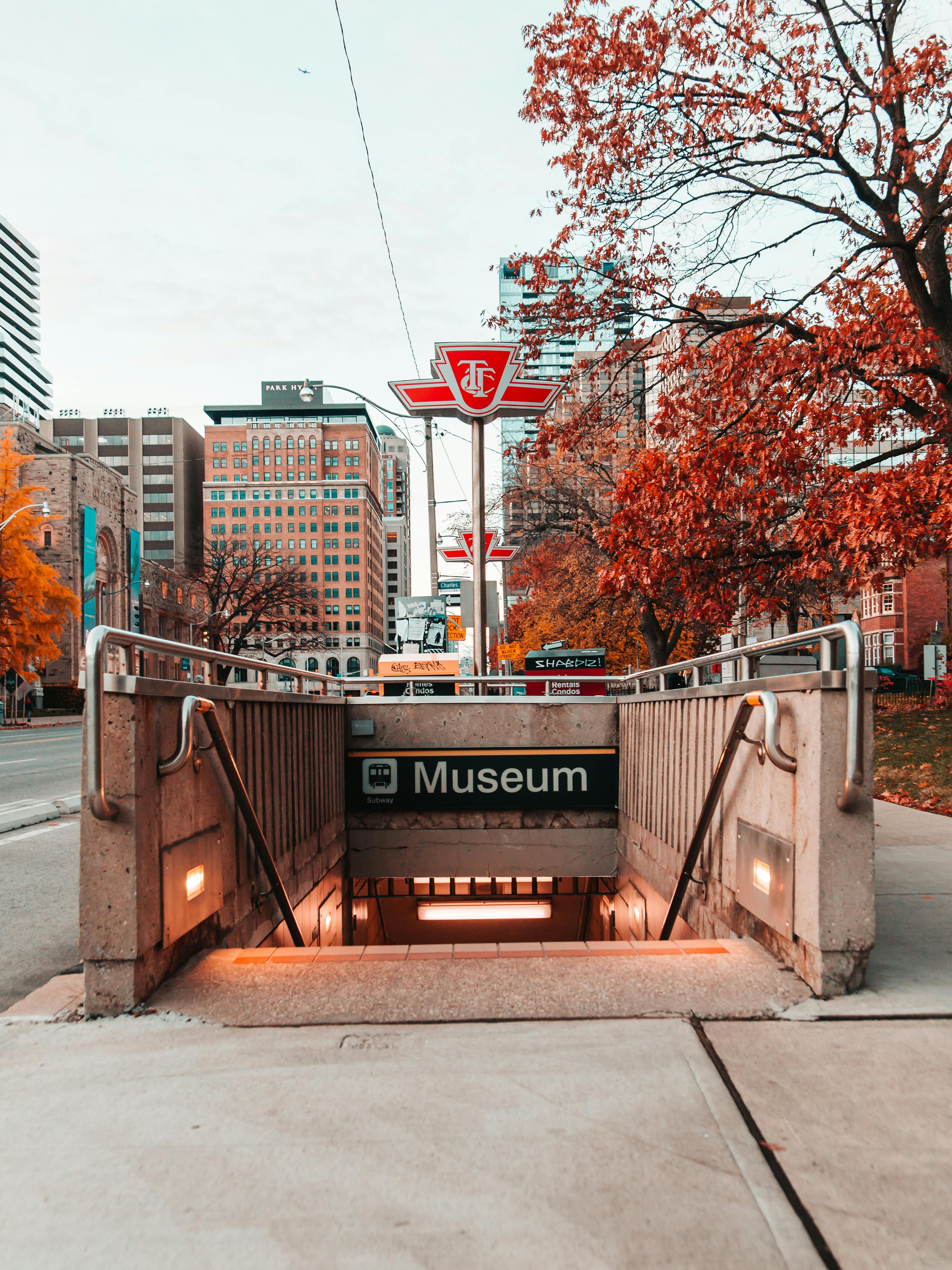 Urban subway entrance to Toronto's Museum station with autumn foliage.