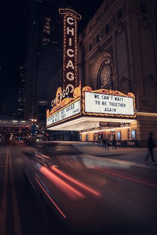 Lit Up Marquees of Chicago Theatre at Night in Chicago, USA