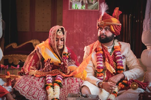 Vibrant traditional Indian wedding with bride and groom in cultural attire.