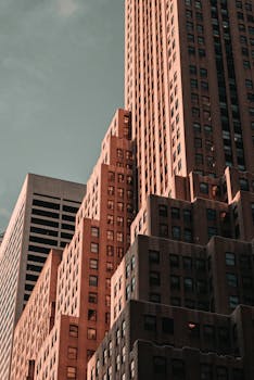 Stunning view of New York skyscrapers highlighting urban architecture at sunset.