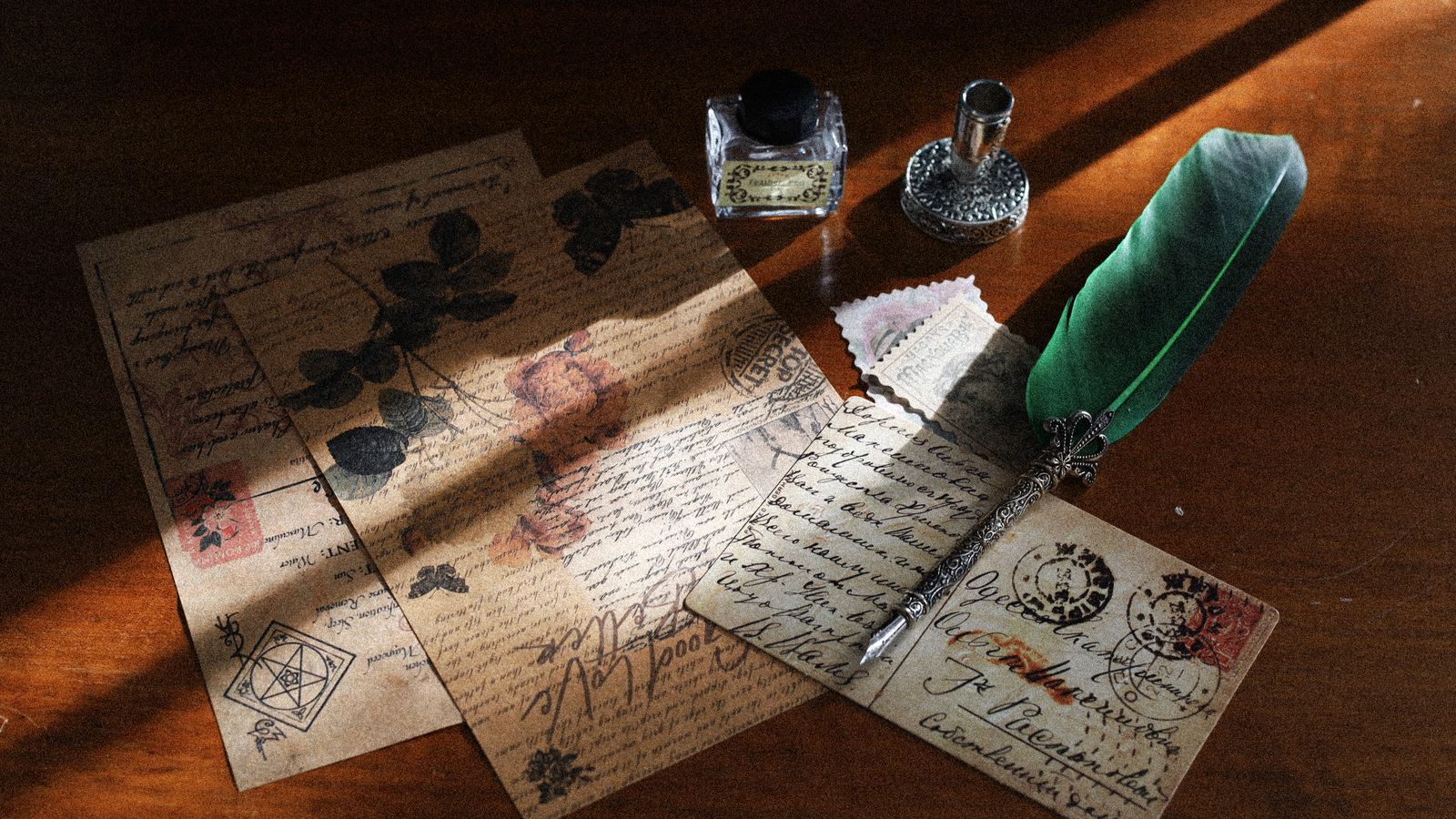 Vintage letters and postcards beside a quill pen and an ink bottle in soft light, a real stock photo with no people in the frame, chosen because letters are how secrets, promises and heartbreak travel in Sense and Sensibility