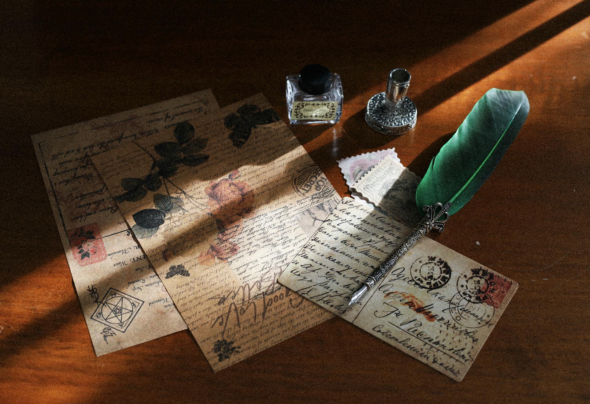 A charming still life of vintage postcards with quill and ink bottle in soft light.