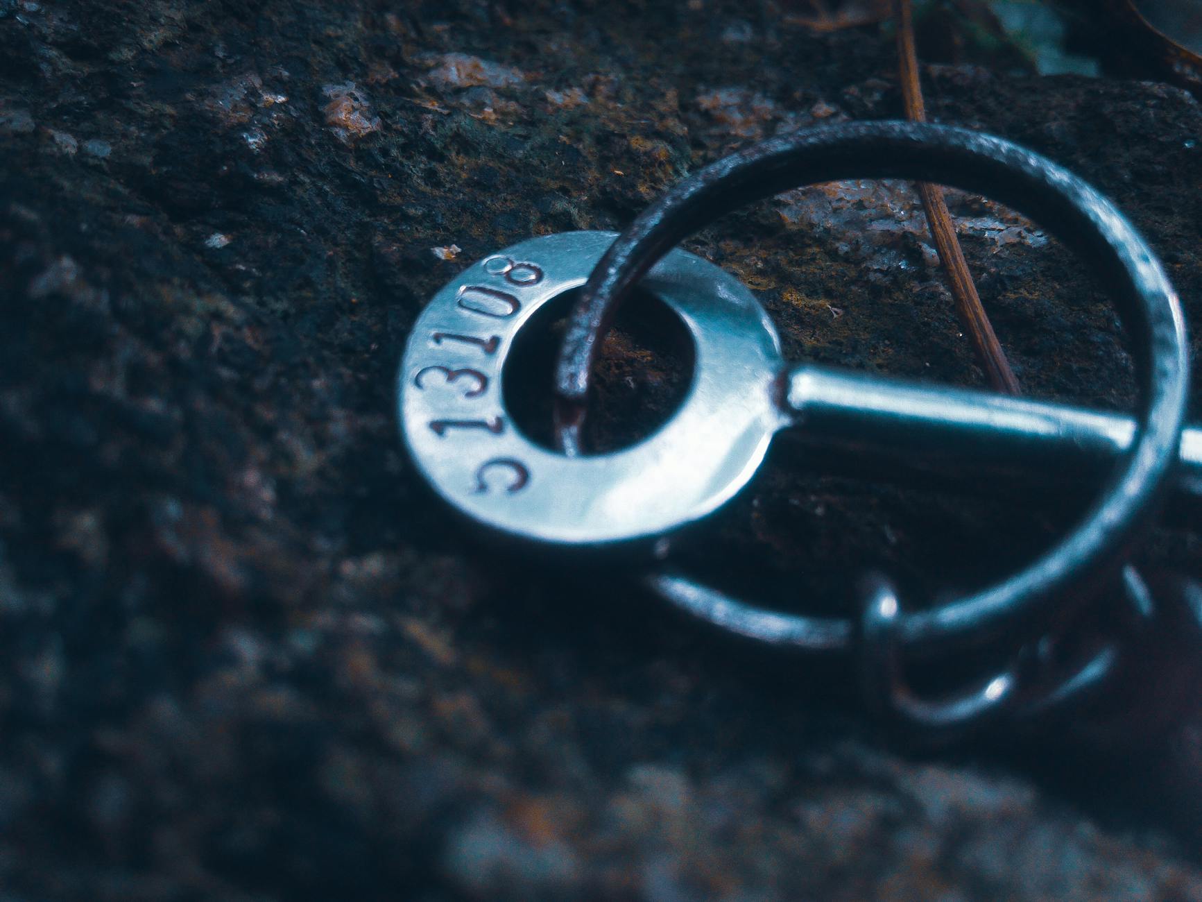 Macro shot of a metal key lying on a rough textured ground outdoors.