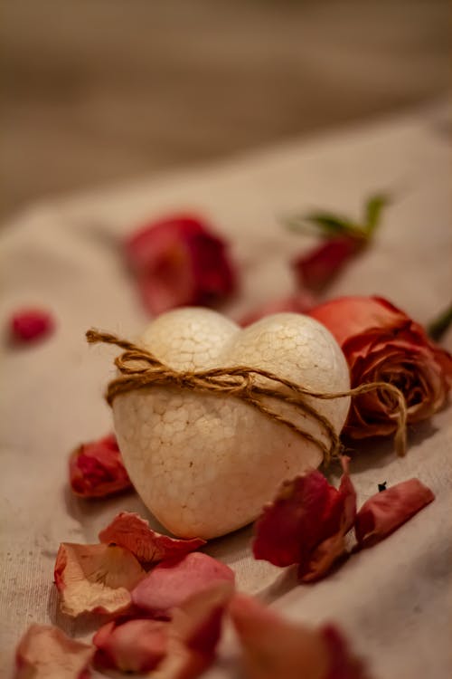 White Heart by Rose Petals in Close-up View