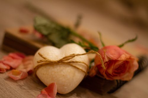 Free Close-Up Photograph of a Heart-Shaped Styrofoam Near a Flower Stock Photo