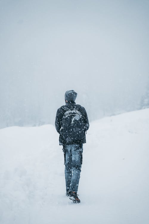 Back View of a Man Walking in the Snow