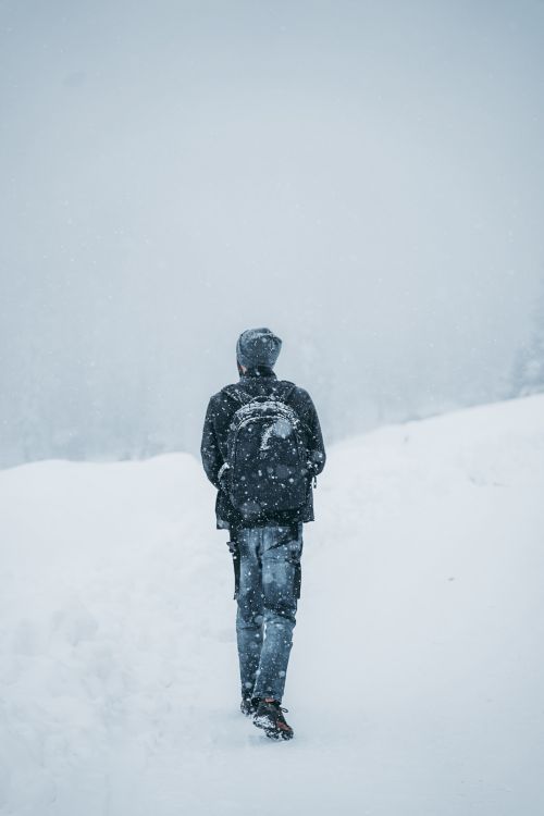 Free A person walks through a snow-covered landscape during heavy snowfall, dressed in warm clothing. Stock Photo