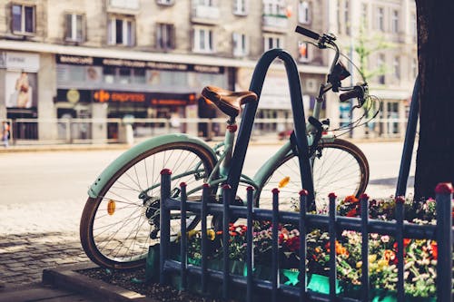 Free Photo of Teal Bicycle Locked on Black Metal Arch Near Tree Stock Photo
