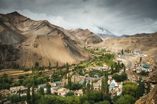Breathtaking landscape view of Lamayuru Monastery nestled amidst the rugged mountains of Ladakh.