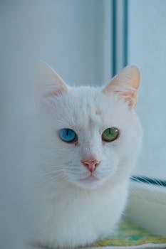 Close-up shot of a white Turkish Angora cat with heterochromia, near a window.