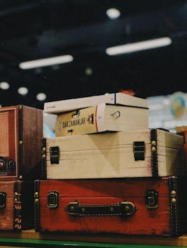A stack of vintage suitcases topped with books, showcasing retro style and charm indoors.