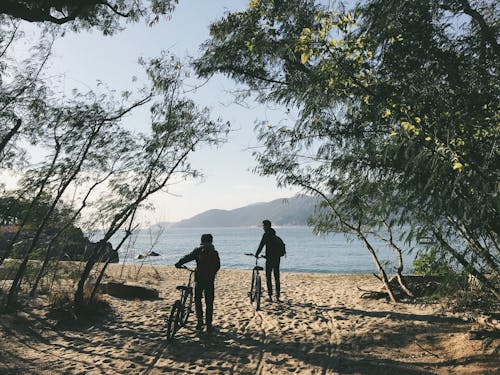 Free Two People With Bicycles Walking to the Beach Stock Photo