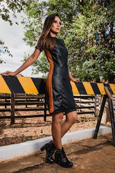 一位穿着时髦黑色连衣裙的女子，在公园的乡村围栏旁摆姿势