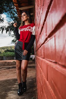 一位穿着红色上衣和黑色裙子的时尚女性在砖墙外摆姿势，散发着风格与自信
