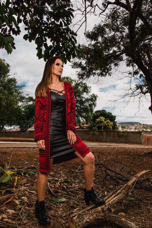 black dress with red cardigan Black/red Cardigan Maxi Dress Set