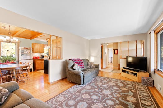 Bright living room with carpet, sofa, and open kitchen layout.