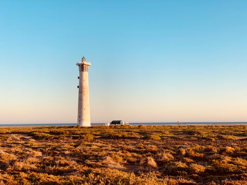 Free Beautiful view of the Maspalomas Lighthouse surrounded by coastal vegetation and a clear sky. Stock Photo