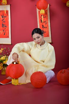 Asian woman in traditional attire poses with red lanterns and decorative scrolls, celebrating Lunar New Year.