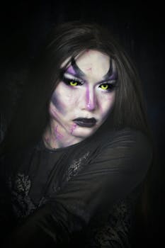 A striking portrait featuring dark, eerie makeup perfect for Halloween or cosplay themes.