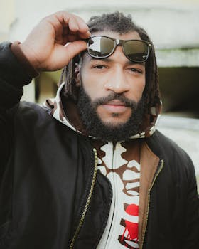 Close-up of a fashionable adult man with sunglasses in Fes, Morocco.
