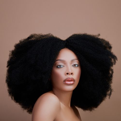 Free Stunning studio portrait of a young woman with voluminous afro hair and radiant skin. Stock Photo