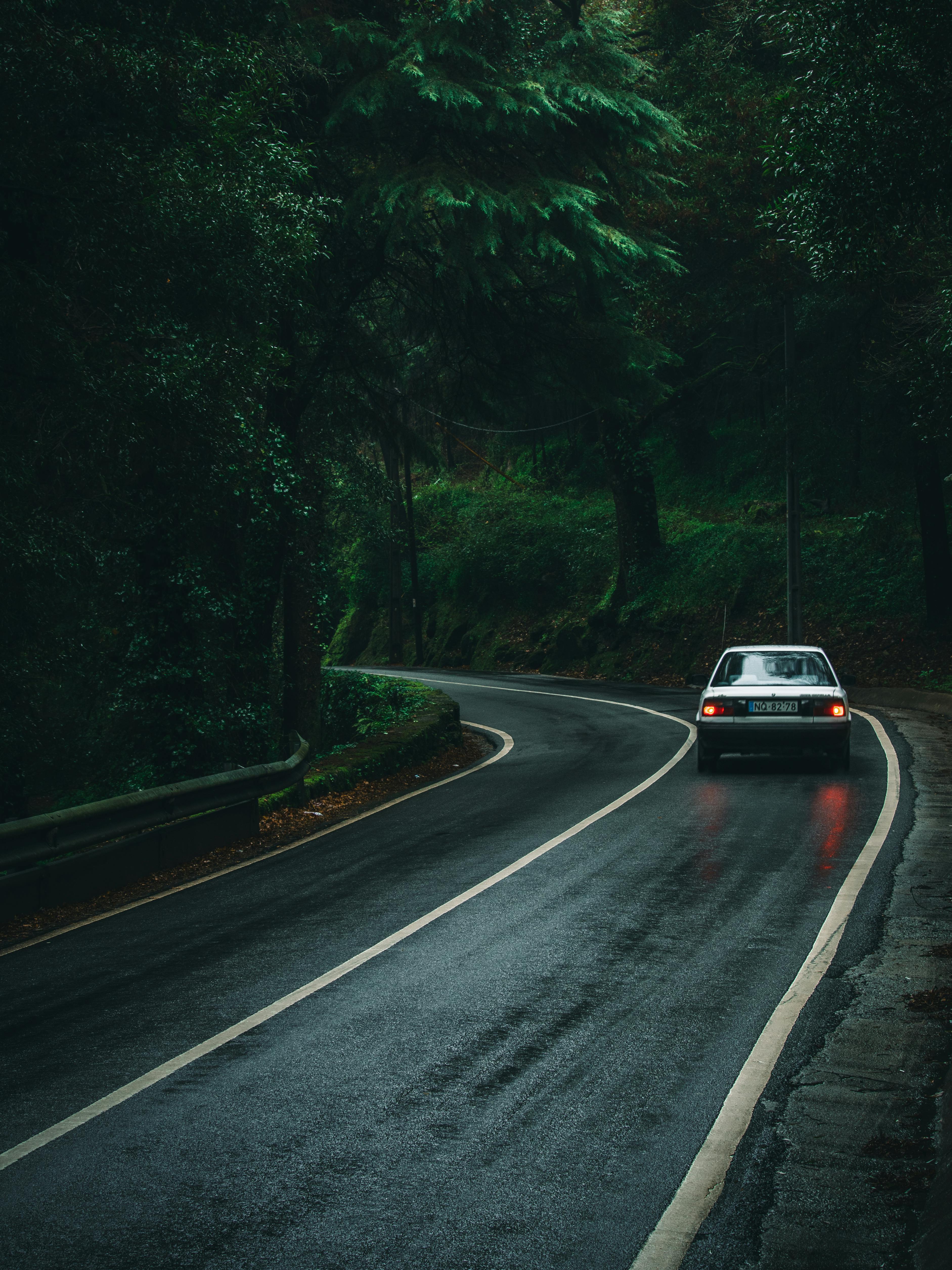 A lone car travels down a winding road through lush forests in Portugal's countryside.