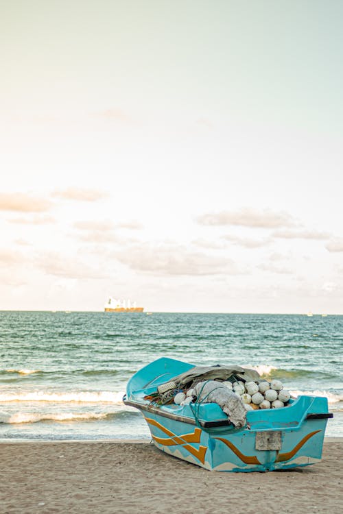 Free Blue and White Paddle Boat on Seashore Stock Photo