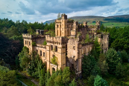 Explore the captivating ruins of Lennox Castle surrounded by lush greenery in Lennoxtown, Scotland.