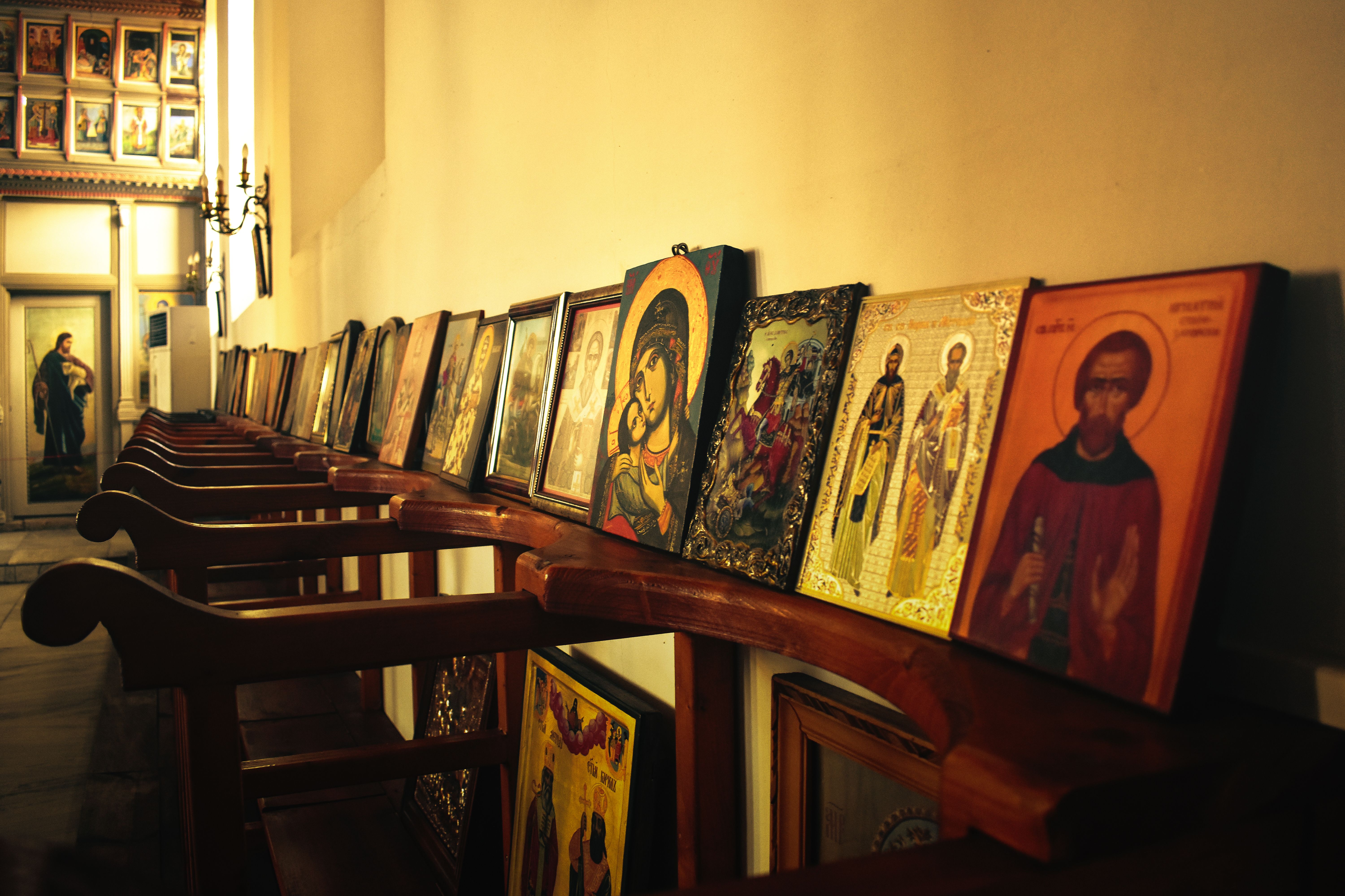 Collection of religious paintings inside a church in Edirne, Turkey.