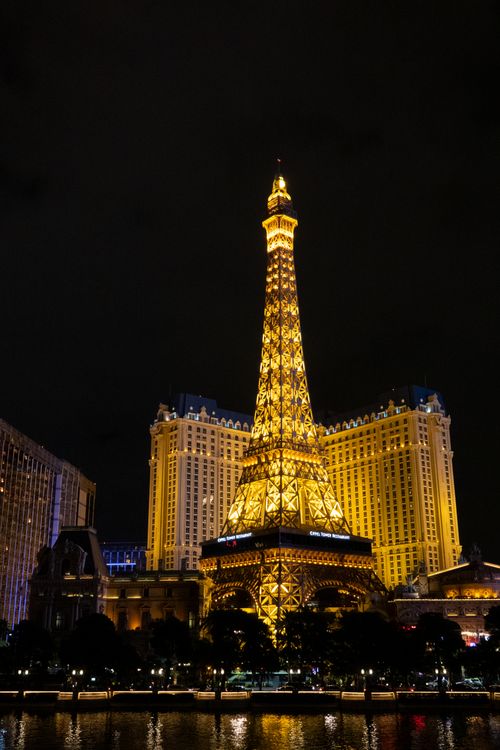 Free Stunning view of the Paris Las Vegas Eiffel Tower replica glowing in the night. Stock Photo