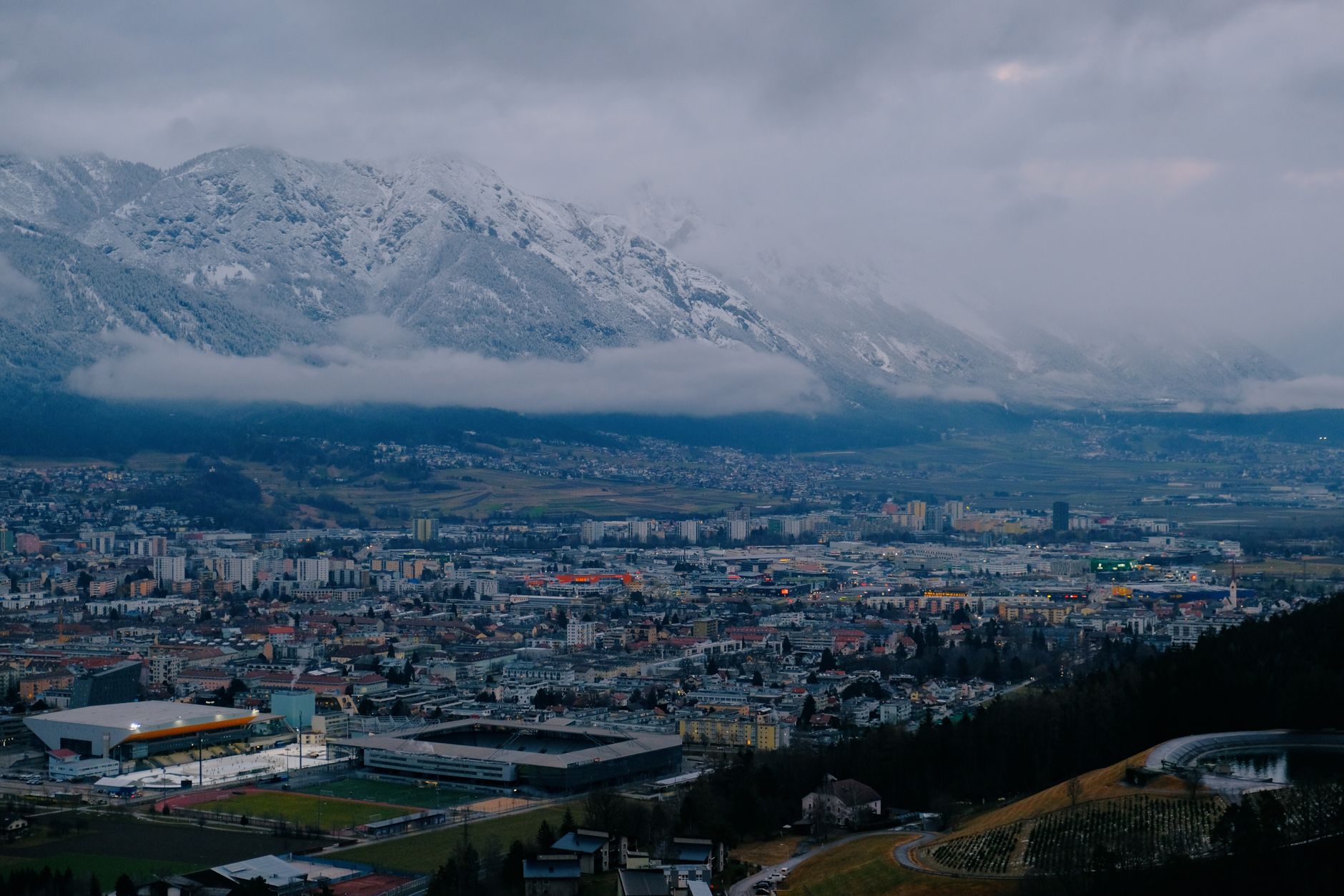 innsbruck nordkette cable car mountain alps tyrolean panorama above city winter