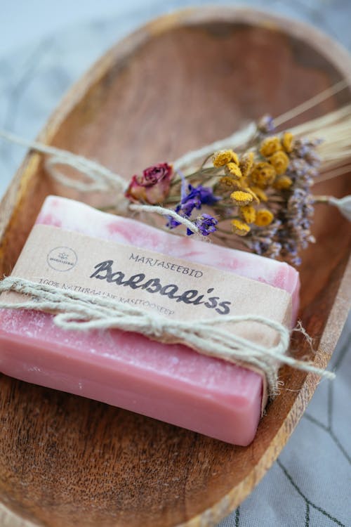 Pink Soap on the Wooden Tray