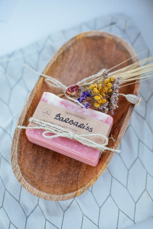 Free Pink Bar Soap on the Wooden Tray Stock Photo